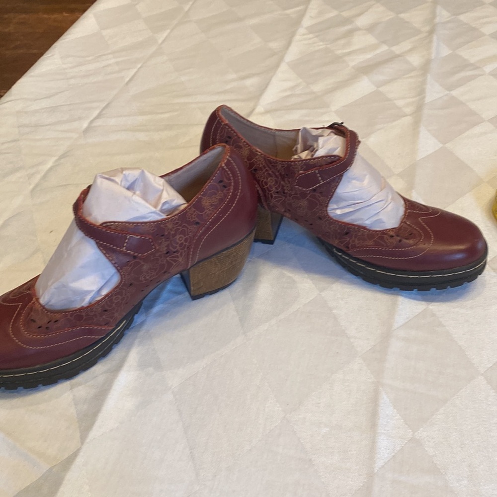 Jambu Burgundy Floral Leather Mary Jane Heels